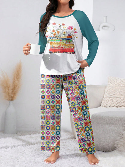 Quilting Lover Raglan Lounge Pajamas Bright Patchwork Blossoms