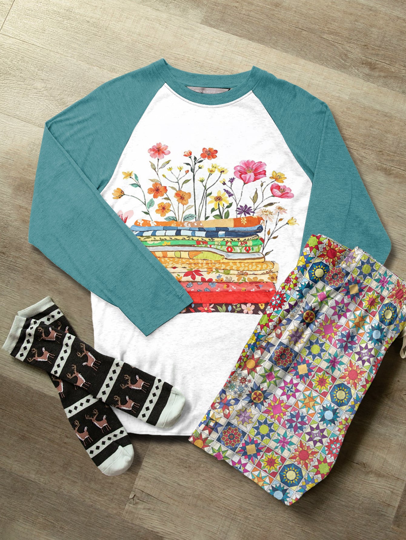 Quilting Lover Raglan Lounge Pajamas Bright Patchwork Blossoms