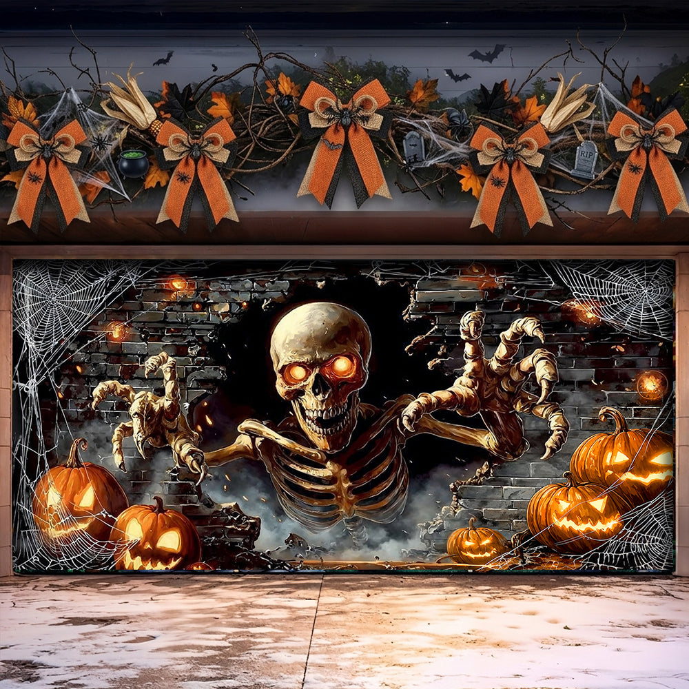Skeleton Halloween Garage Door Banner Decoration - Skeleton’s Spooky Pumpkin Party Surprise