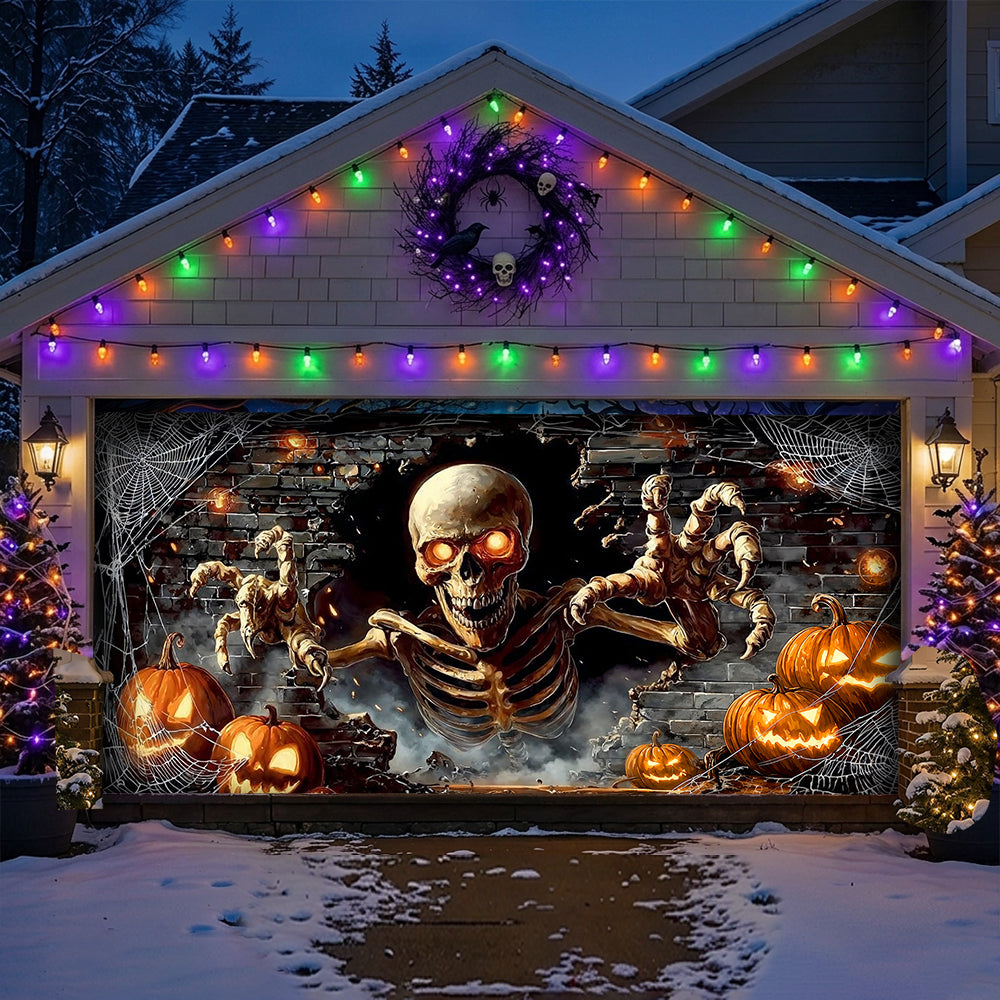 Skeleton Halloween Garage Door Banner Decoration - Skeleton’s Spooky Pumpkin Party Surprise