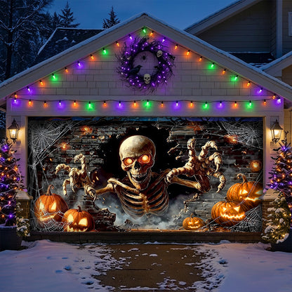 Skeleton Halloween Garage Door Banner Decoration - Skeleton’s Spooky Pumpkin Party Surprise