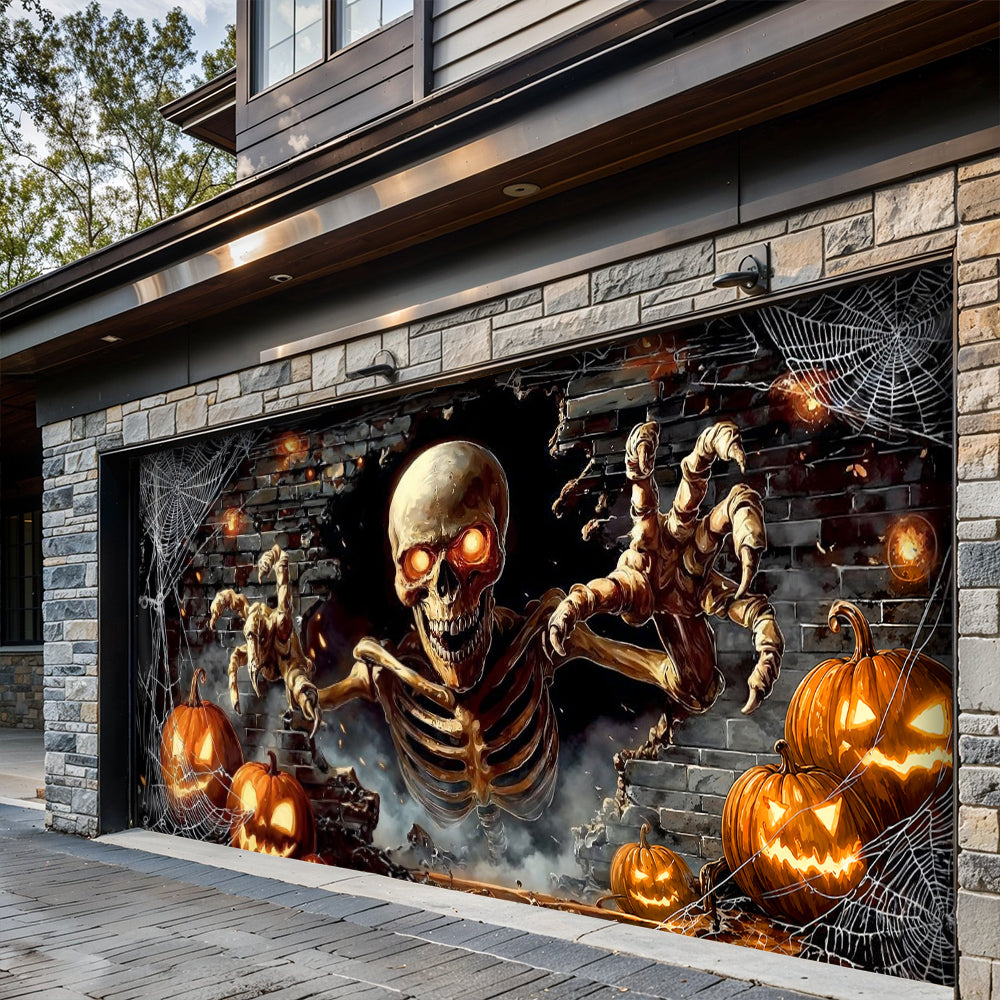 Skeleton Halloween Garage Door Banner Decoration - Skeleton’s Spooky Pumpkin Party Surprise