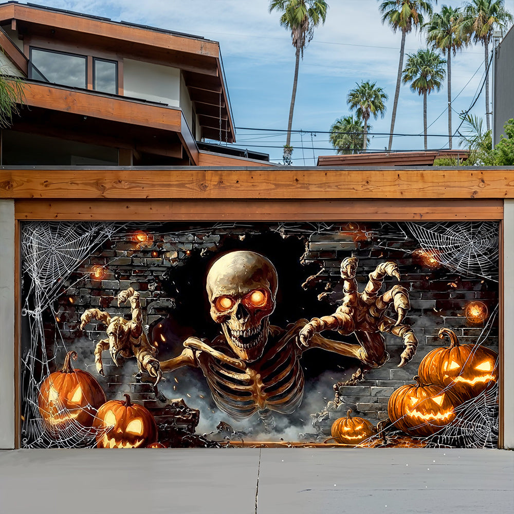 Skeleton Halloween Garage Door Banner Decoration - Skeleton’s Spooky Pumpkin Party Surprise