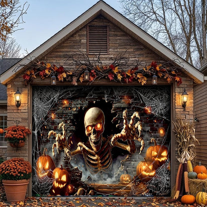 Skeleton Halloween Garage Door Banner Decoration - Skeleton’s Spooky Pumpkin Party Surprise