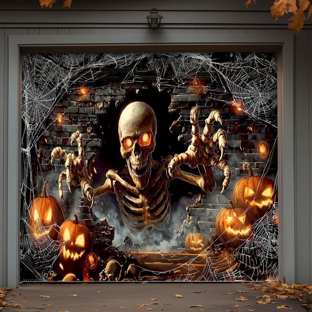 Skeleton Halloween Garage Door Banner Decoration - Skeleton’s Spooky Pumpkin Party Surprise