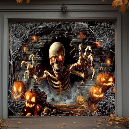 Skeleton Halloween Garage Door Banner Decoration - Skeleton’s Spooky Pumpkin Party Surprise