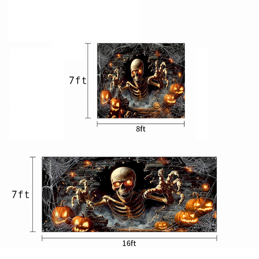 Skeleton Halloween Garage Door Banner Decoration - Skeleton’s Spooky Pumpkin Party Surprise