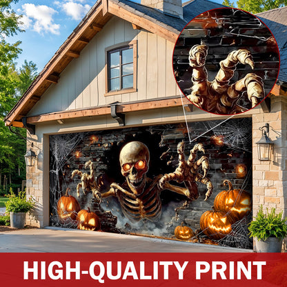 Skeleton Halloween Garage Door Banner Decoration - Skeleton’s Spooky Pumpkin Party Surprise