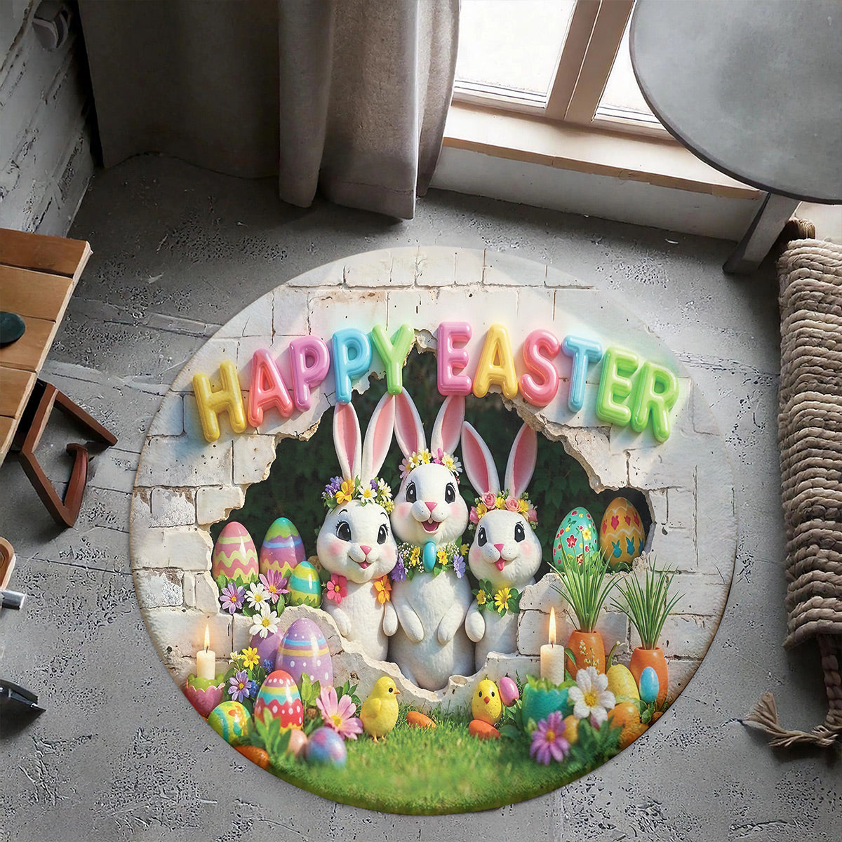 Bunny Easter Lover Round Rug Easter Bunny Wonderland