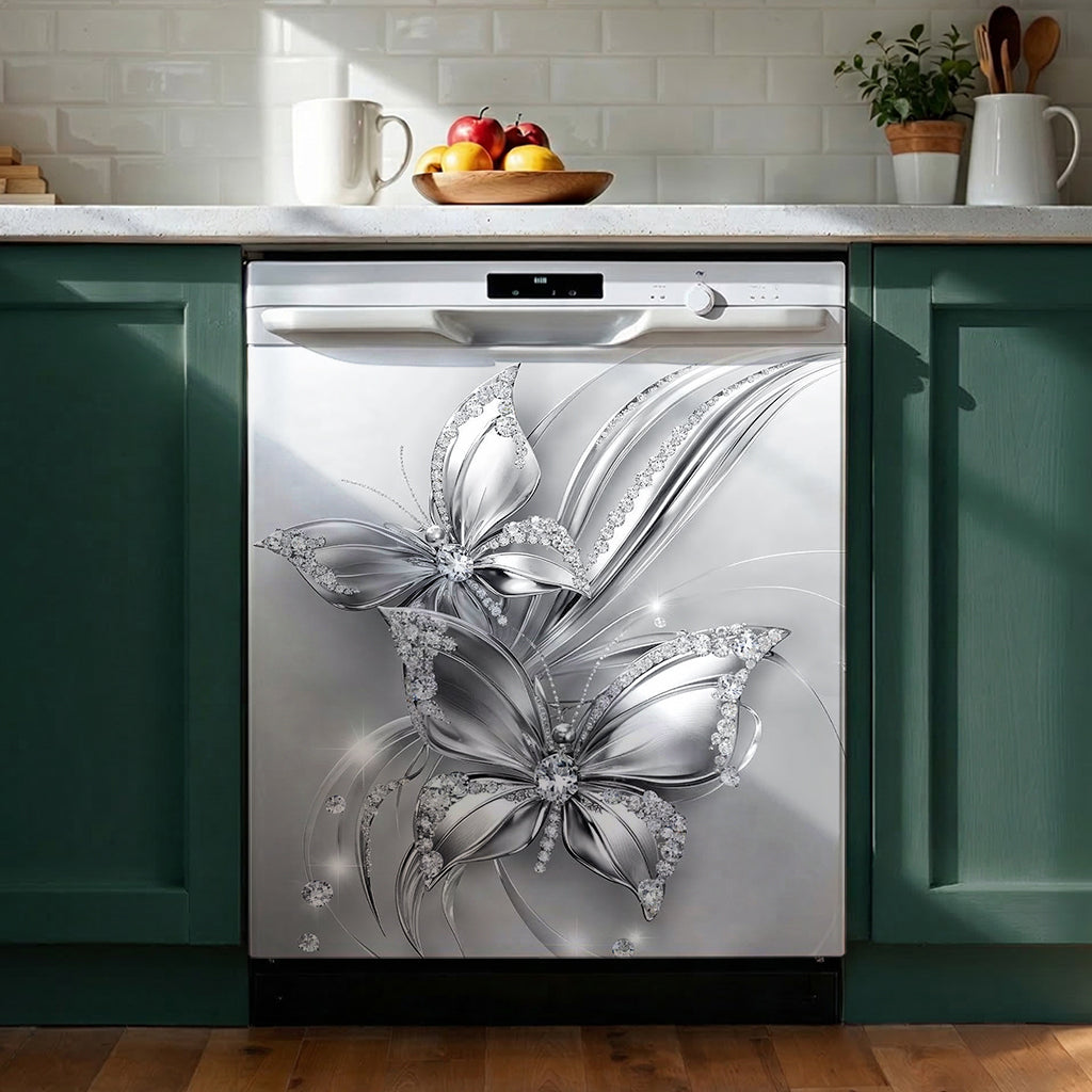 Floral Butterfly Magnetic Dishwasher Cover Ethereal Silver Butterfly Harmony