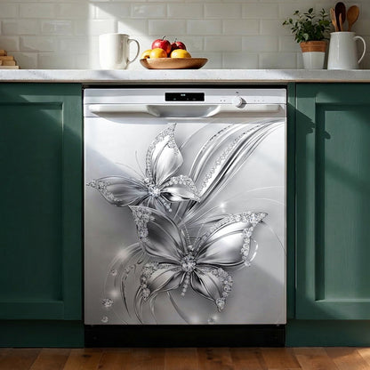 Floral Butterfly Magnetic Dishwasher Cover Ethereal Silver Butterfly Harmony