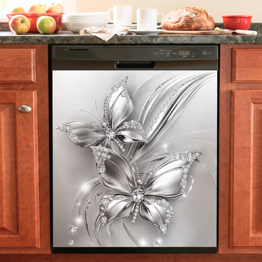 Floral Butterfly Magnetic Dishwasher Cover Ethereal Silver Butterfly Harmony