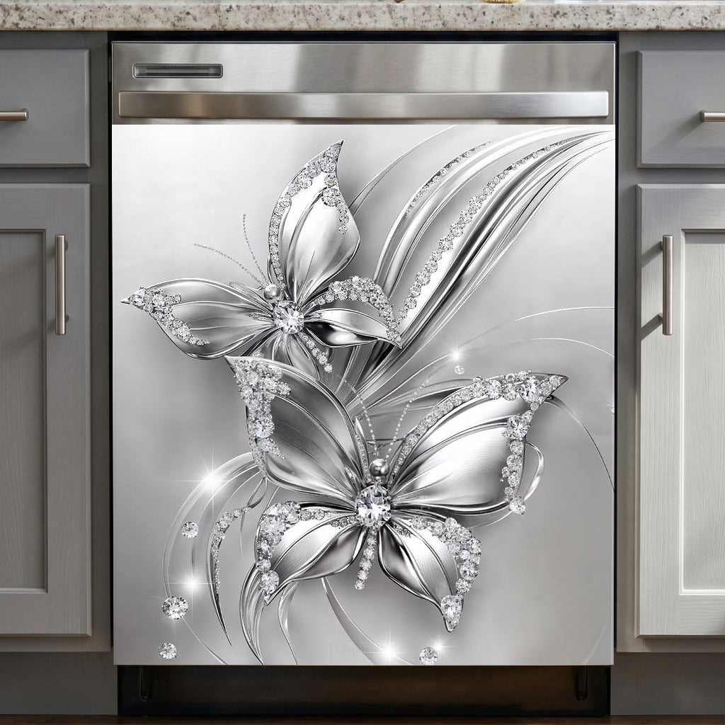 Floral Butterfly Magnetic Dishwasher Cover Ethereal Silver Butterfly Harmony
