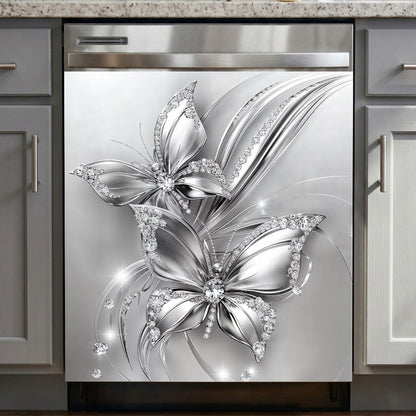 Floral Butterfly Magnetic Dishwasher Cover Ethereal Silver Butterfly Harmony