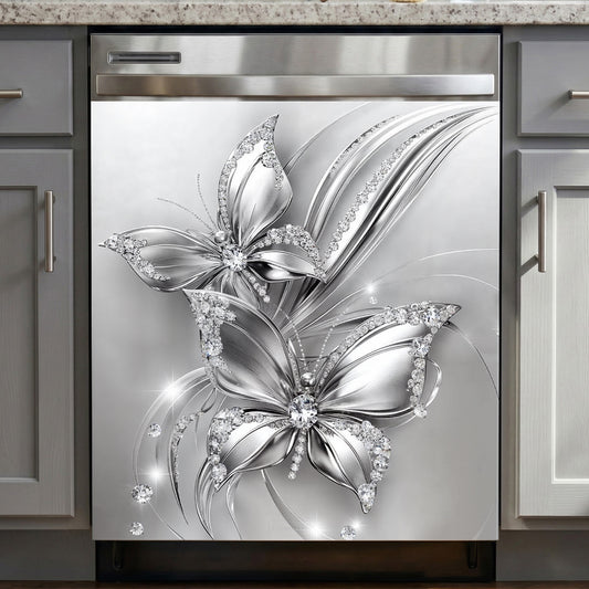 Floral Butterfly Magnetic Dishwasher Cover Ethereal Silver Butterfly Harmony