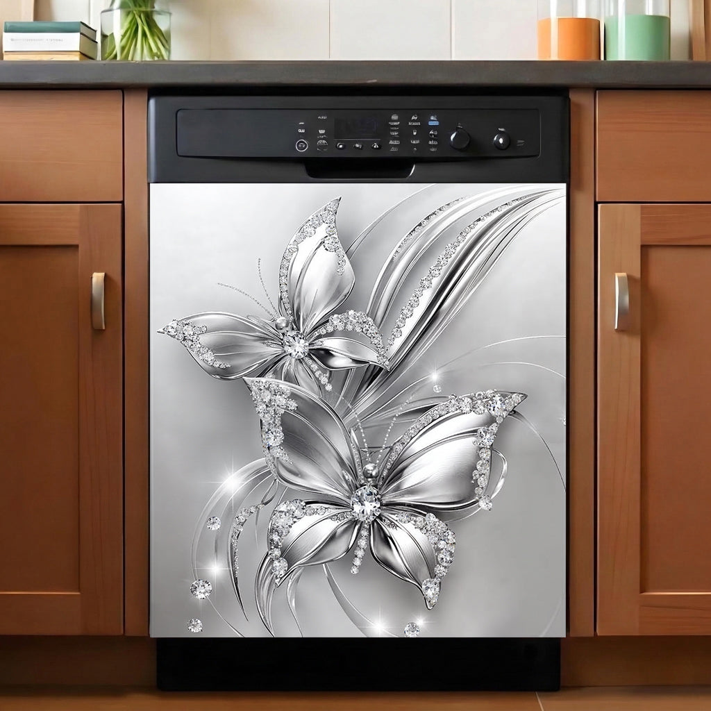 Floral Butterfly Magnetic Dishwasher Cover Ethereal Silver Butterfly Harmony