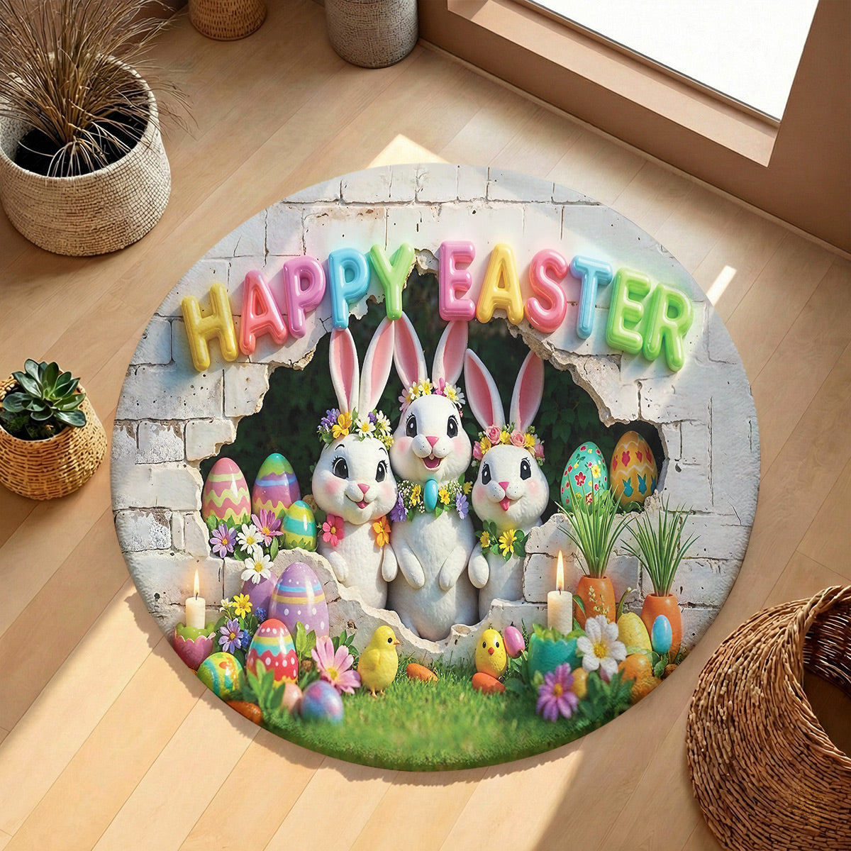 Bunny Easter Lover Round Rug Easter Bunny Wonderland