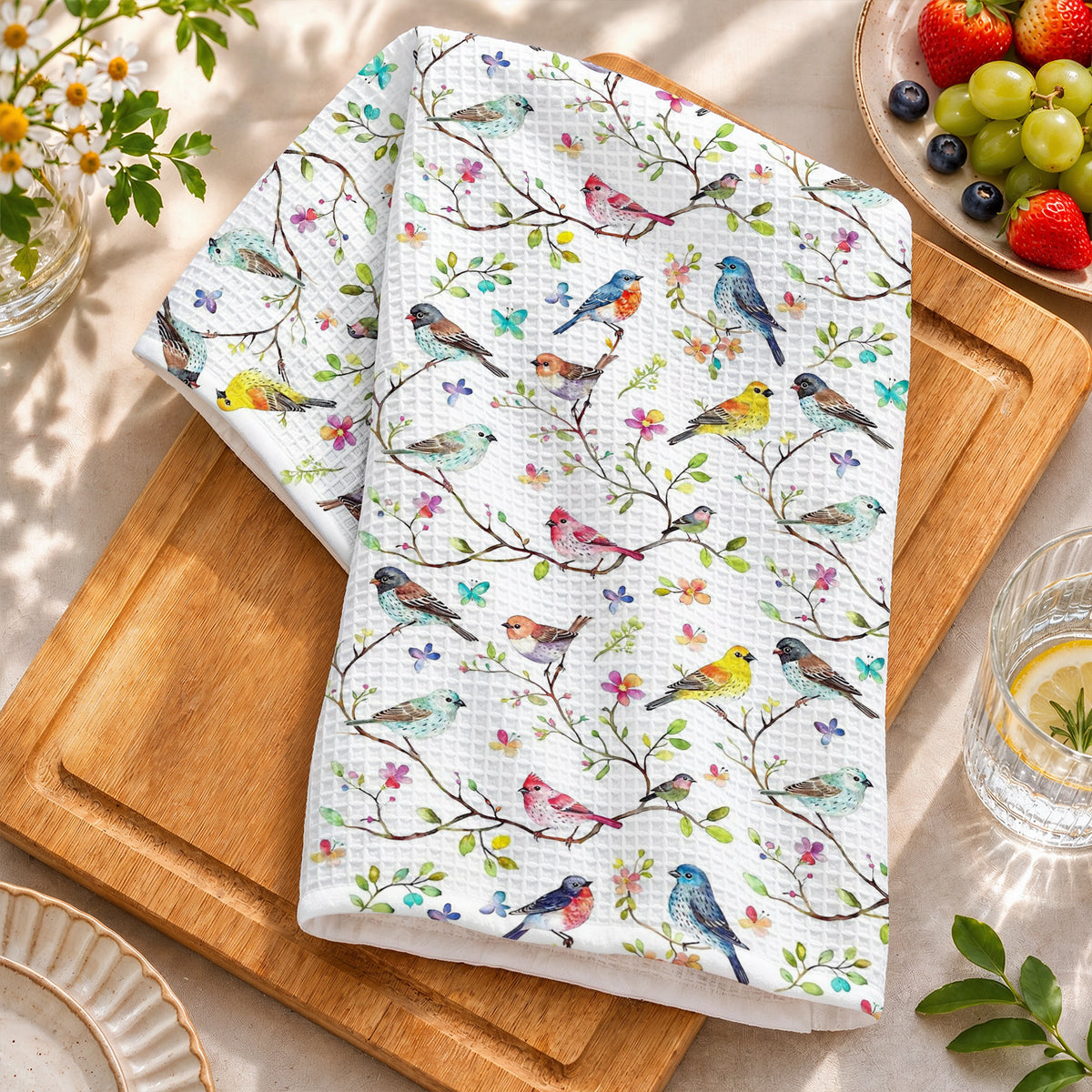 Bird Lovers Kitchen Towel Whispering Songbirds Blossom Haven