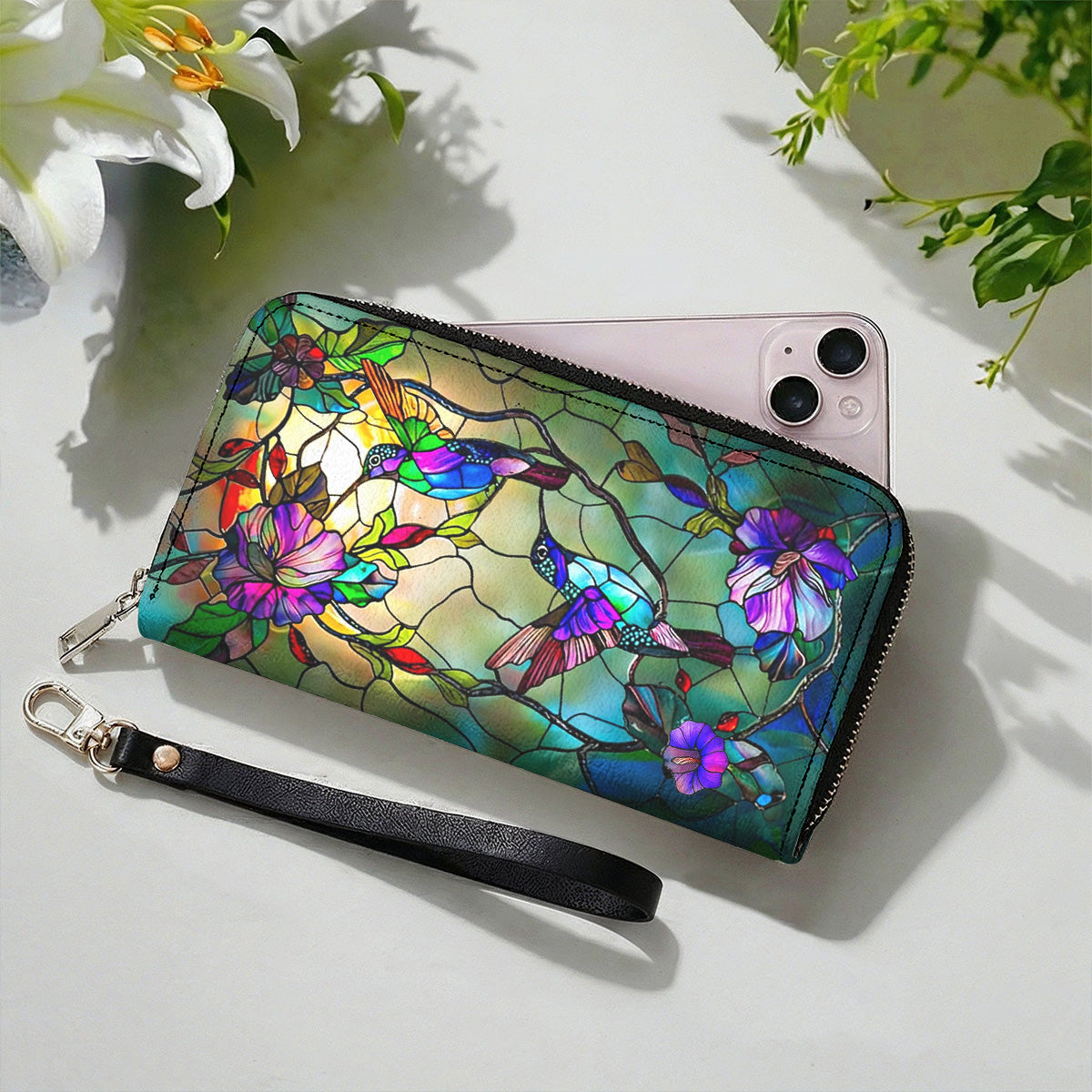 Hummingbird Leather Wallet Stained Glass Hummingbird