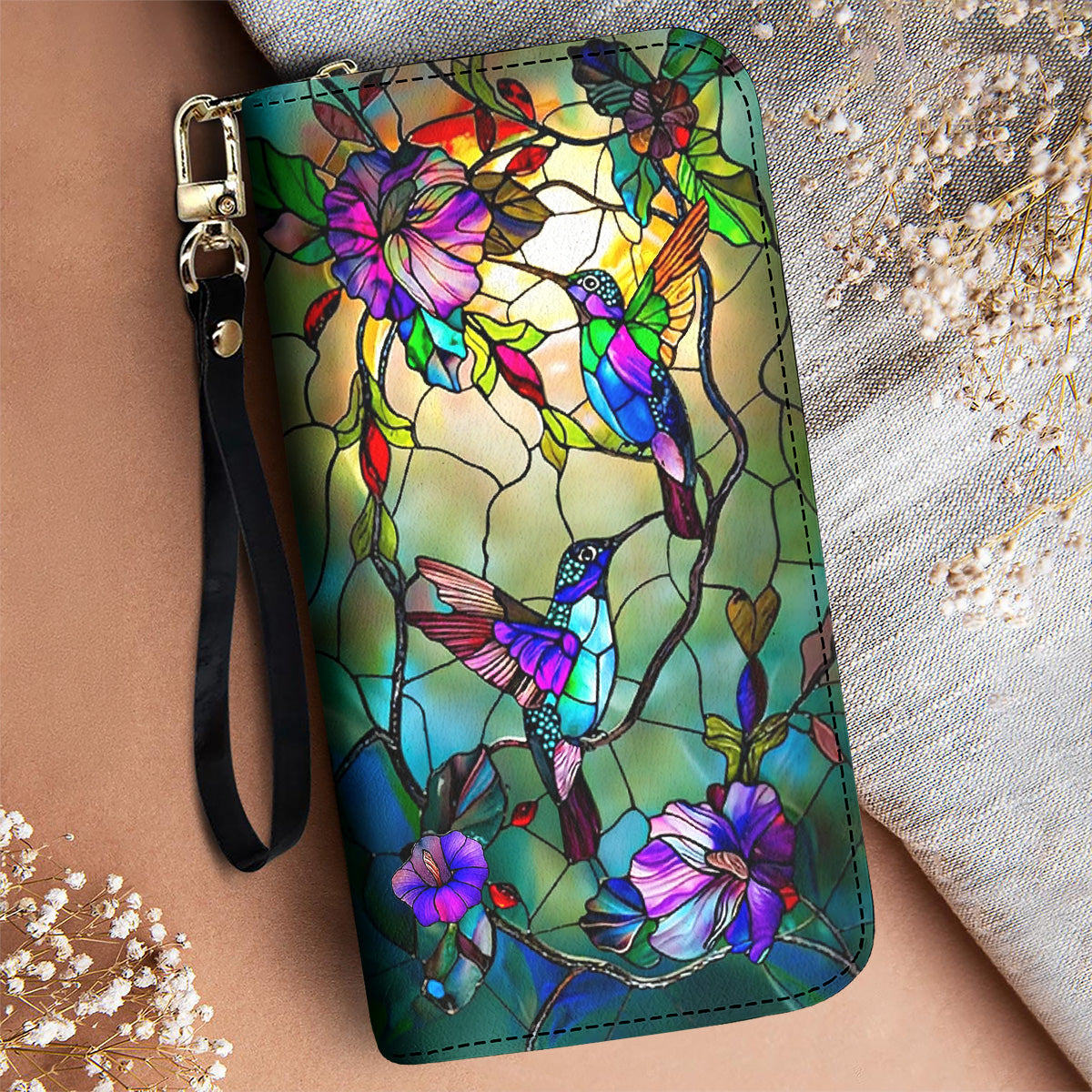 Hummingbird Leather Wallet Stained Glass Hummingbird