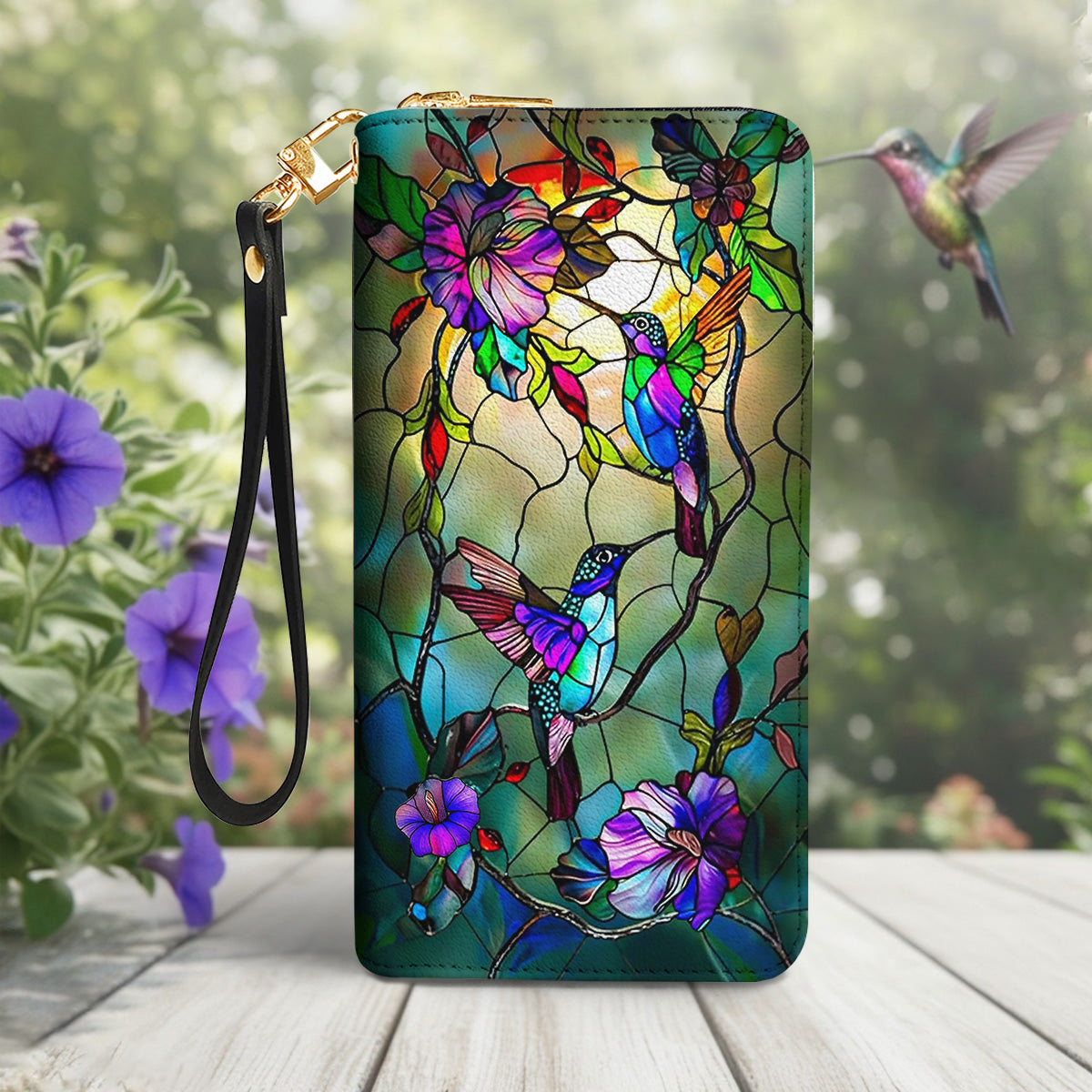 Hummingbird Leather Wallet Stained Glass Hummingbird