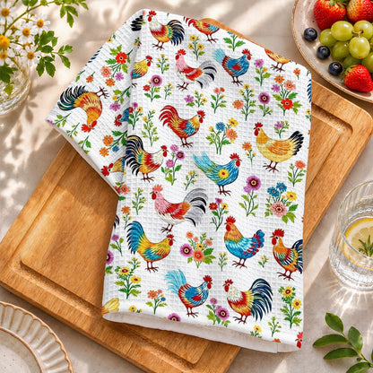 Chicken Lover Kitchen Towel Whimsical Chickens In Wildflower Garden