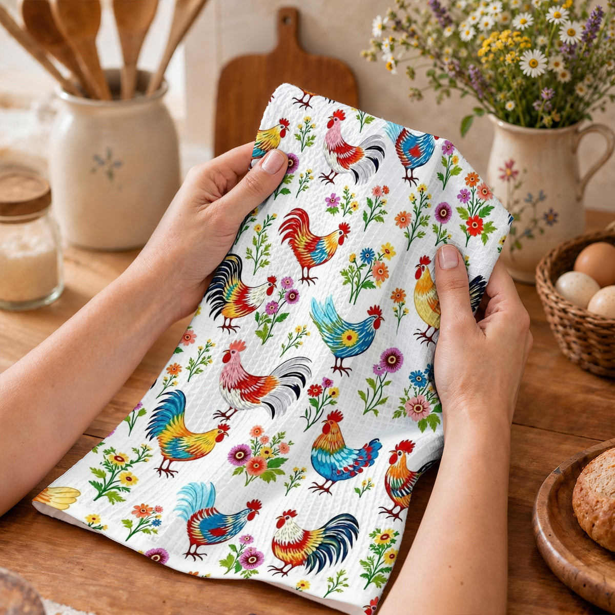 Chicken Lover Kitchen Towel Whimsical Chickens In Wildflower Garden