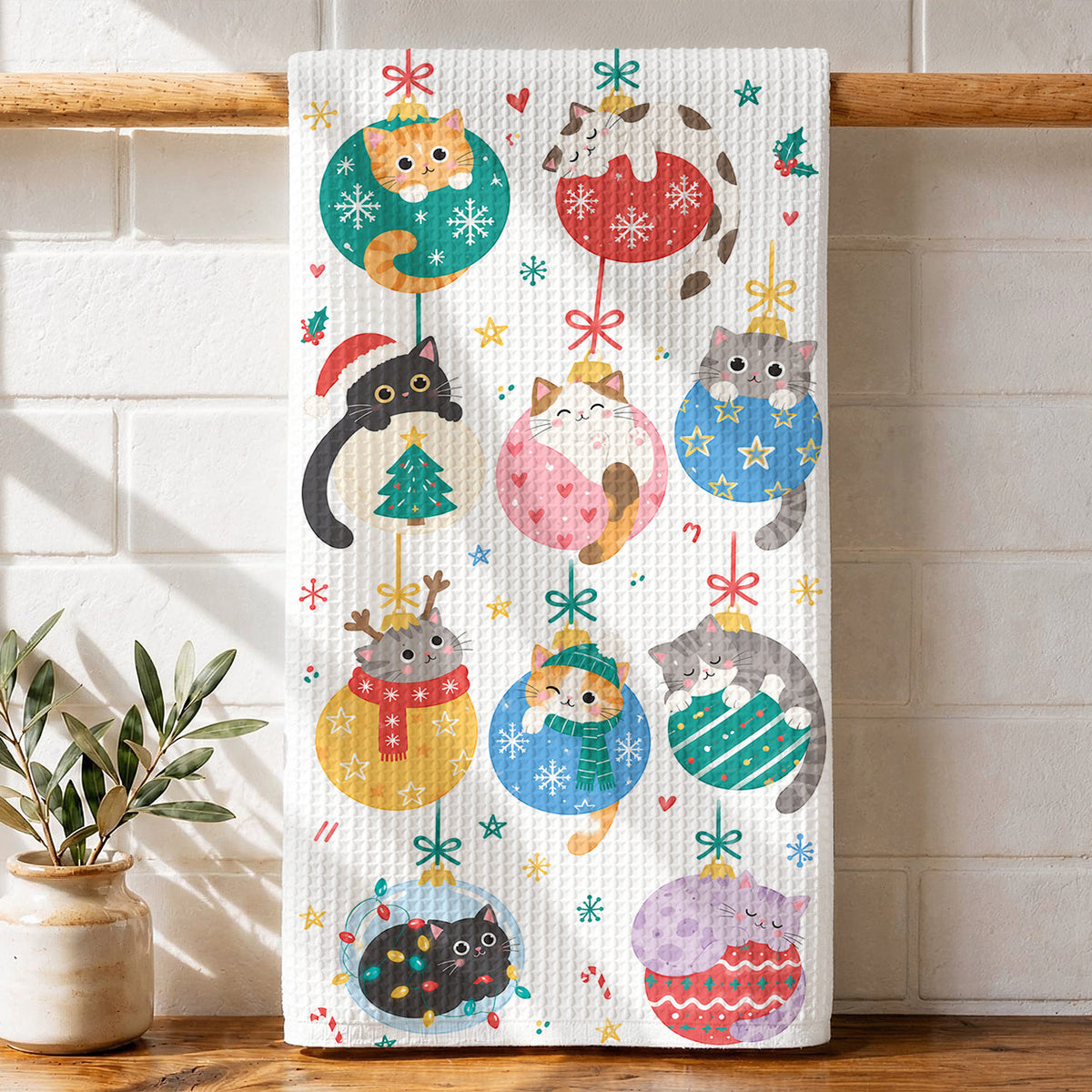 Meowy Christmas Ornament Cats Kitchen Towel