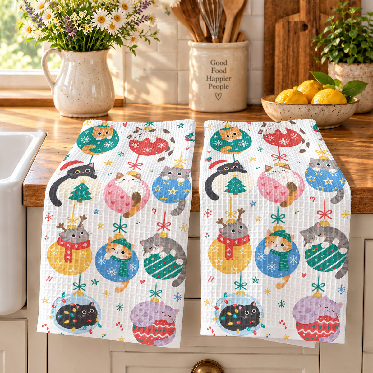 Meowy Christmas Ornament Cats Kitchen Towel