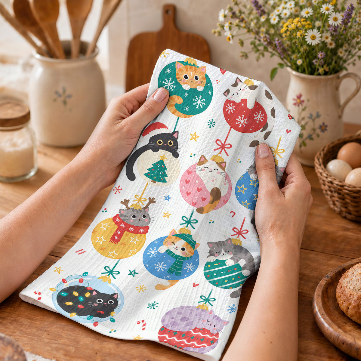 Meowy Christmas Ornament Cats Kitchen Towel
