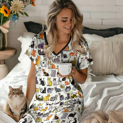 Cat Lover V-neck Nightshirt Meow & Snooze