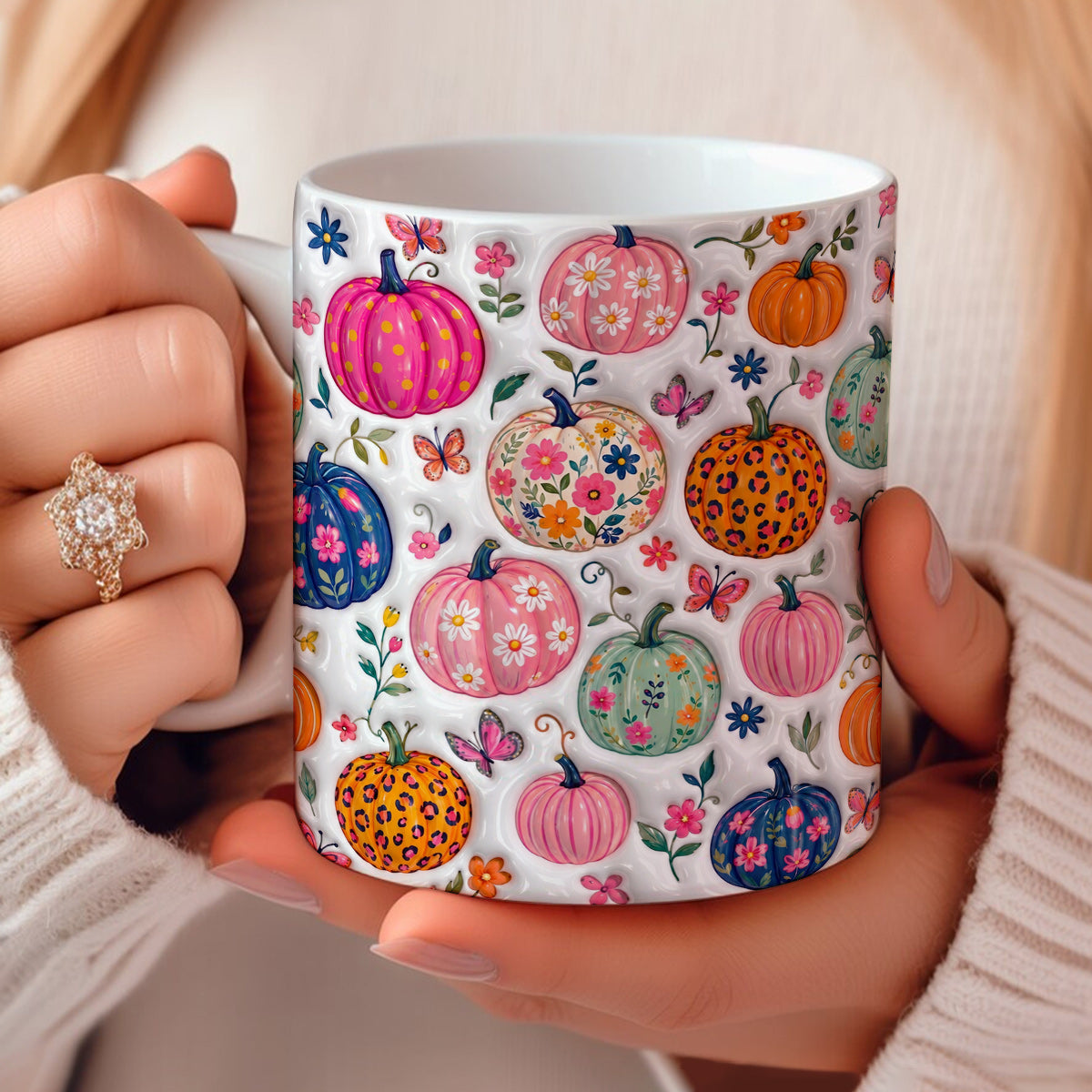 Autumn Garden Ceramic Mug Floral Pumpkin Patch Fantasy