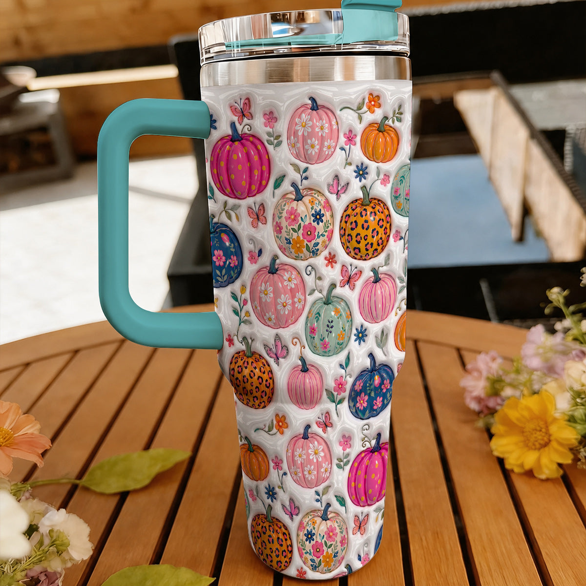 Autumn Garden 40 oz Tumbler Floral Pumpkin Patch Fantasy
