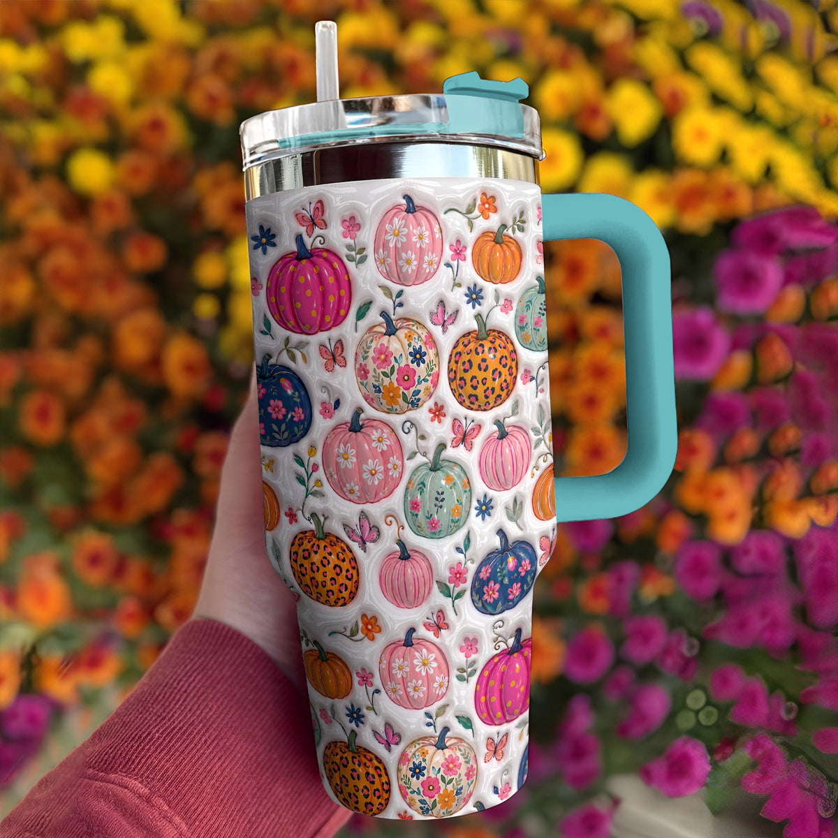Autumn Garden 40 oz Tumbler Floral Pumpkin Patch Fantasy