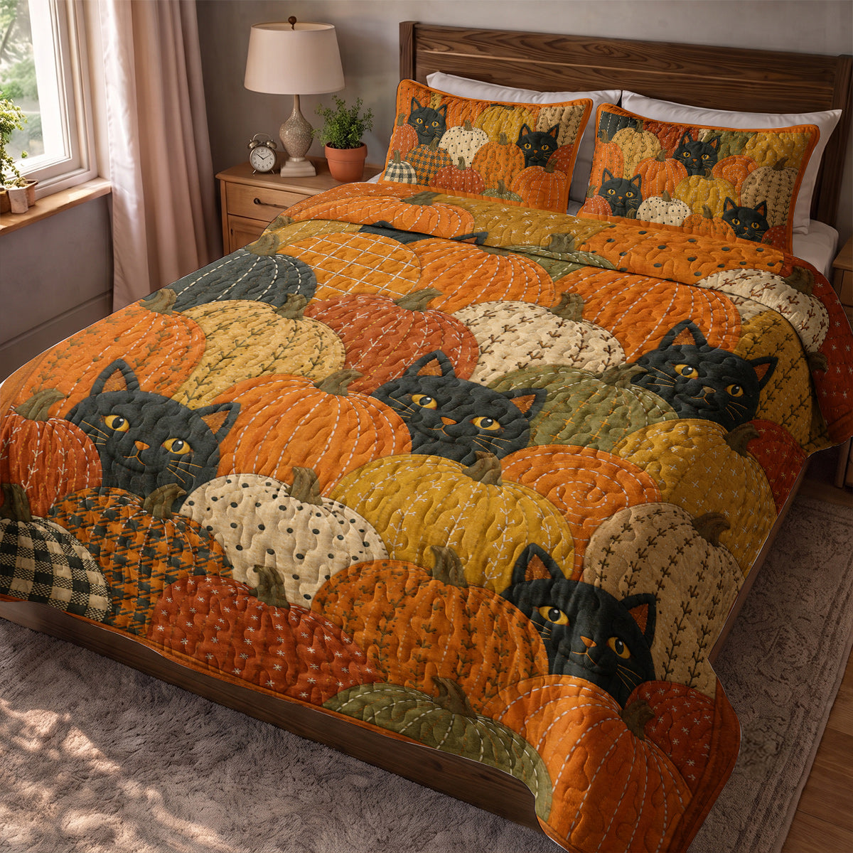 Cat Quilted Blanket Black Cat Pumpkin Patch