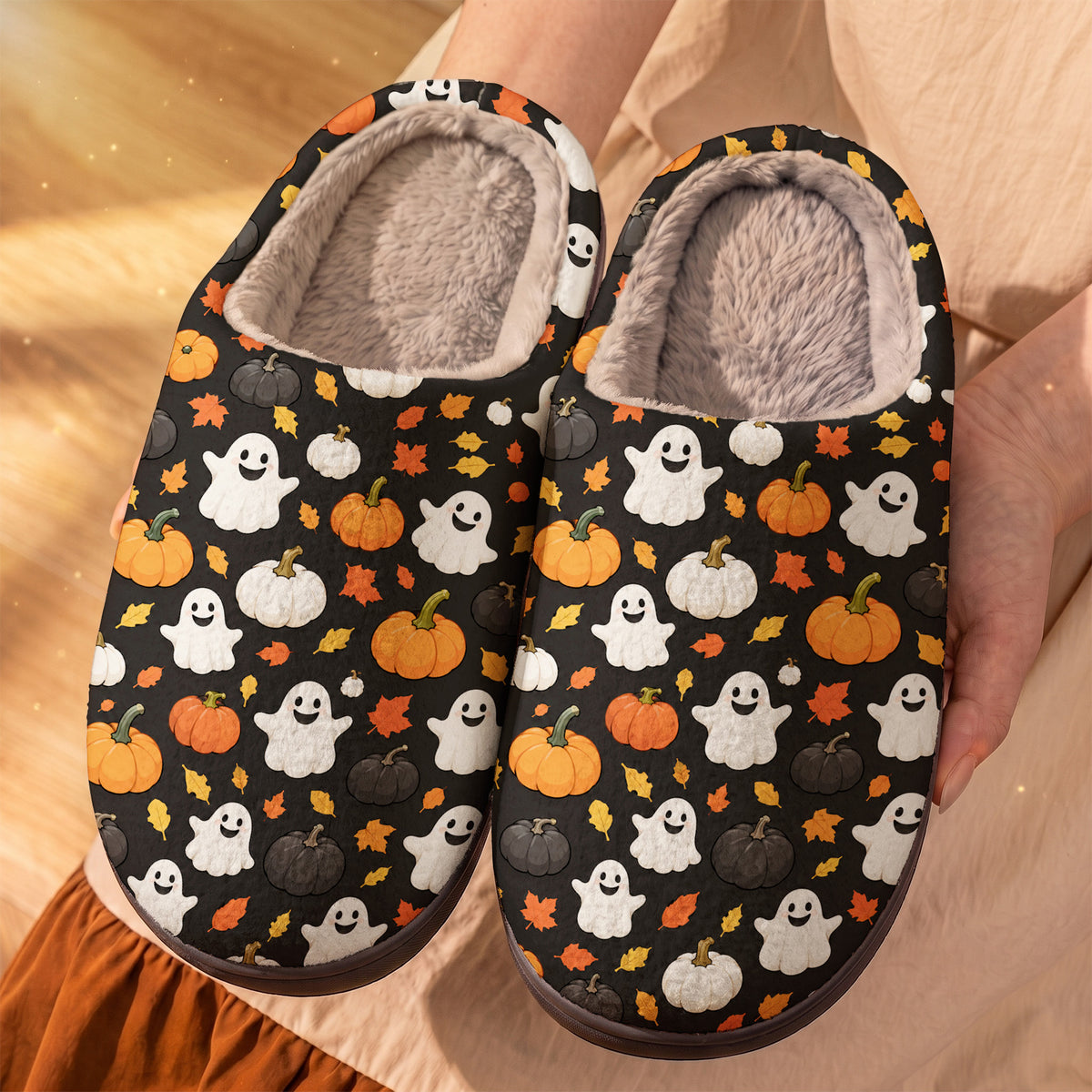 Halloween Fleece Lined Slippers Spooky Pumpkin & Ghost