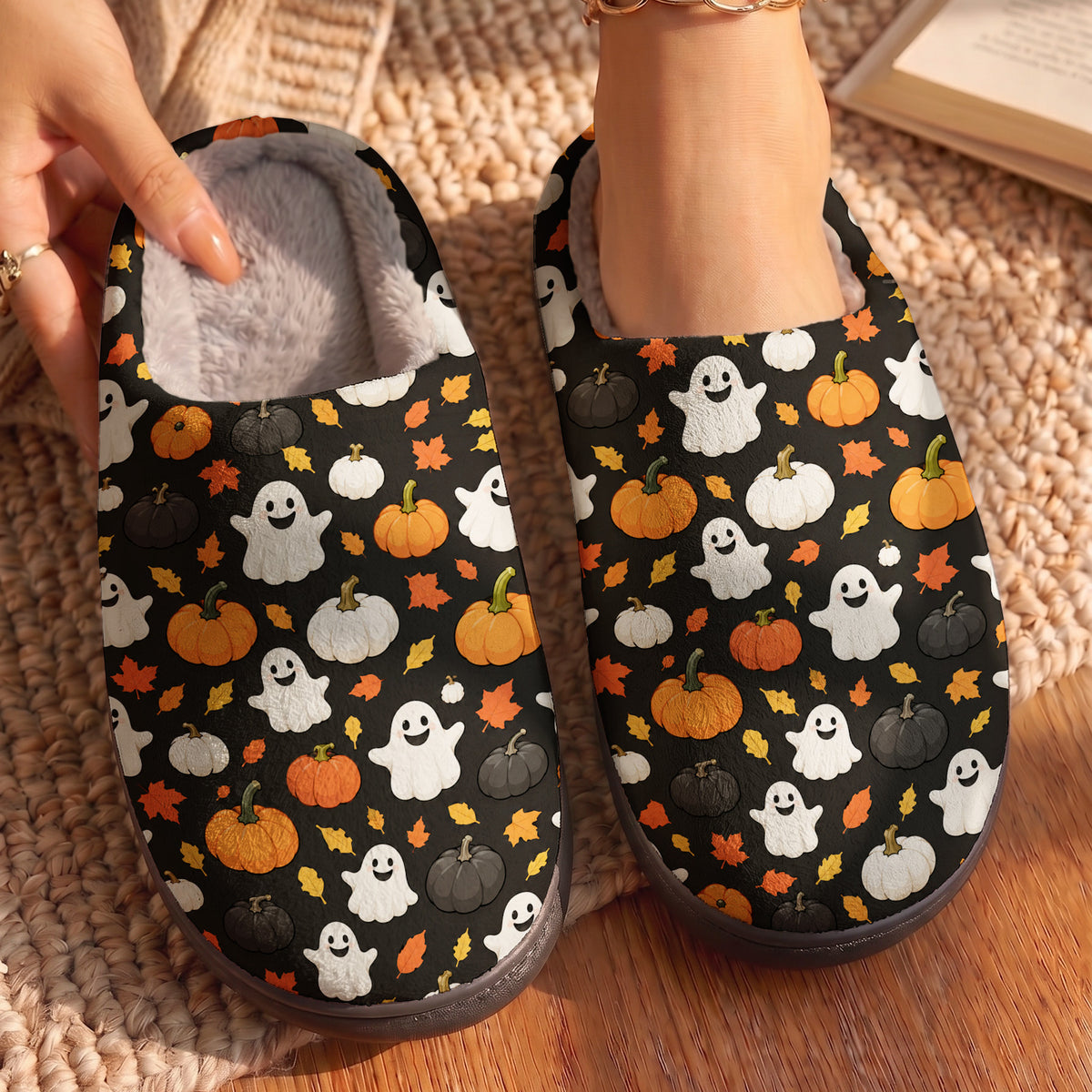 Halloween Fleece Lined Slippers Spooky Pumpkin & Ghost