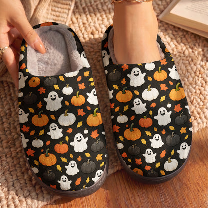 Halloween Fleece Lined Slippers Spooky Pumpkin & Ghost