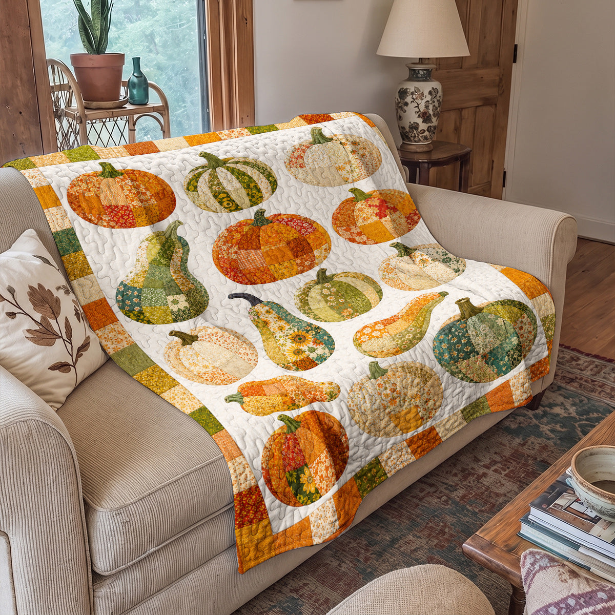 Autumn Quilted Blanket Harvest Pumpkin Patch