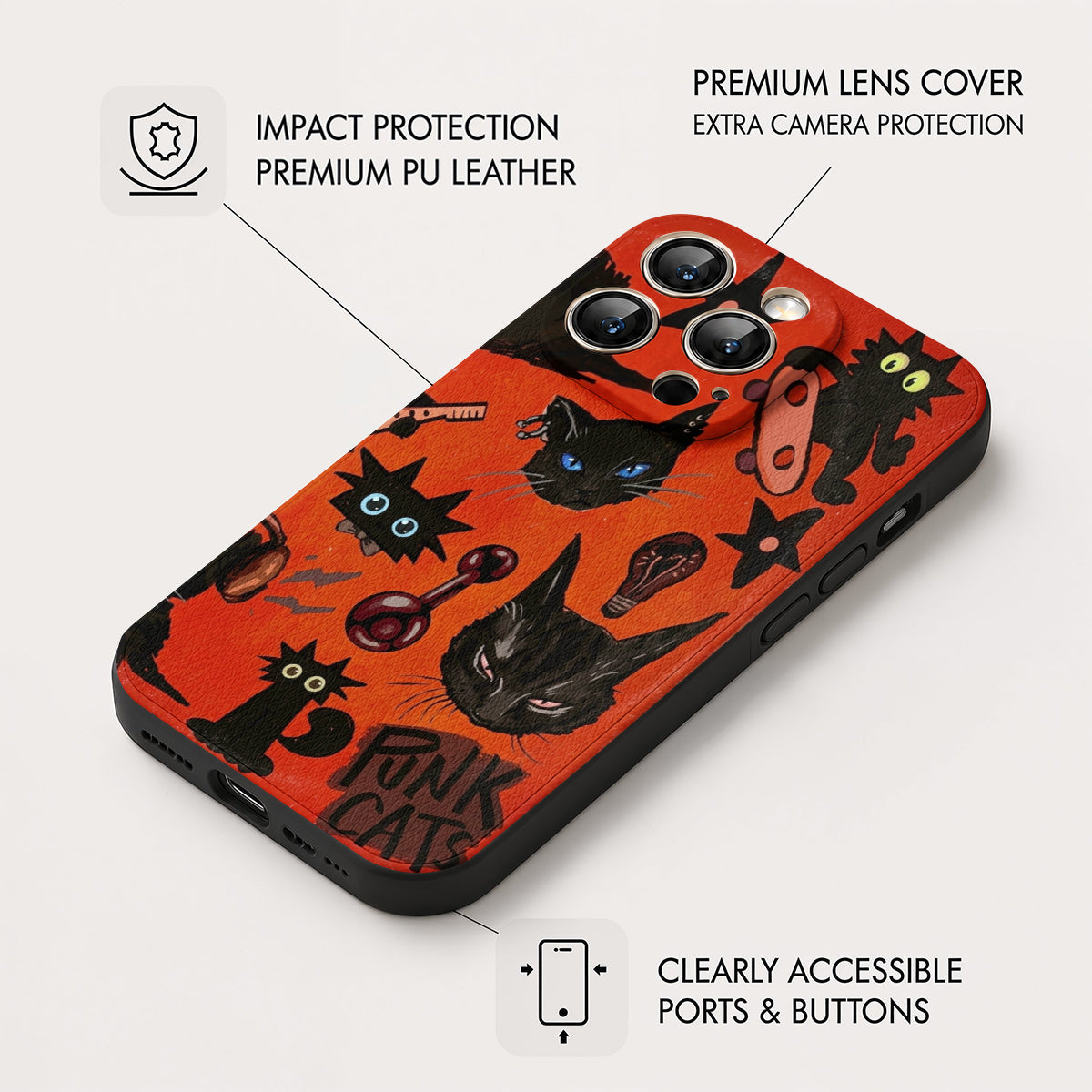 Cat Leather Phone Case Punk Cats