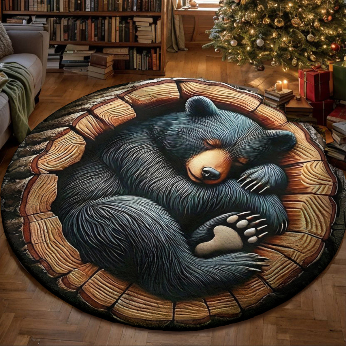 Woodland Animal Art Round Rug Bear Of Gentle Heart 3D Illusion Flat Print