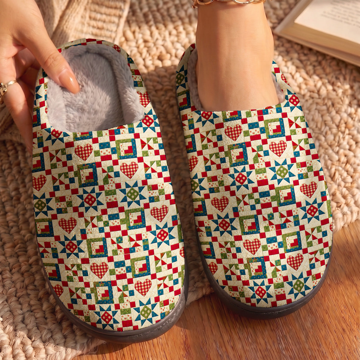Quilting Fleece Lined Slippers Vintage Patchwork Hearts & Stars
