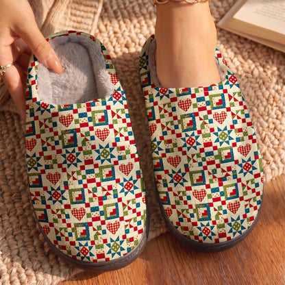 Quilting Fleece Lined Slippers Vintage Patchwork Hearts & Stars