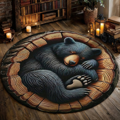 Woodland Animal Art Round Rug Bear Of Gentle Heart 3D Illusion Flat Print