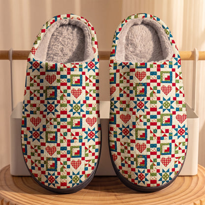 Quilting Fleece Lined Slippers Vintage Patchwork Hearts & Stars