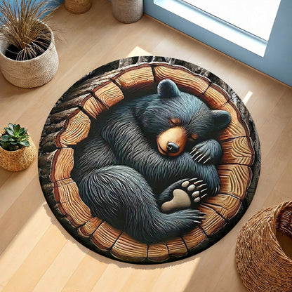 Woodland Animal Art Round Rug Bear Of Gentle Heart 3D Illusion Flat Print