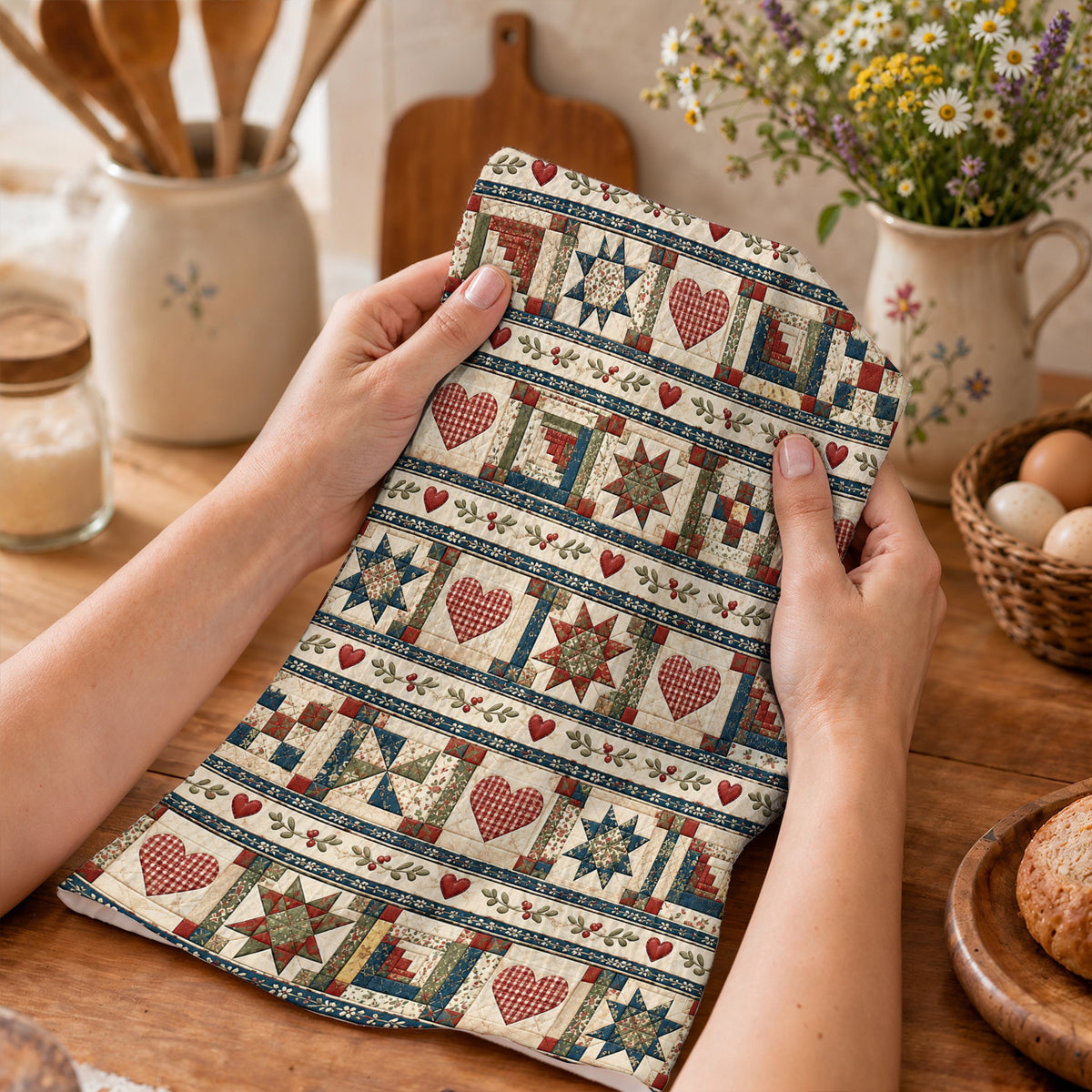 Quilting Kitchen Towel Vintage Quilted Hearts & Stars