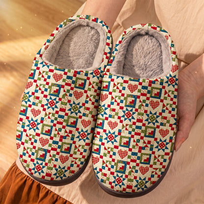 Quilting Fleece Lined Slippers Vintage Patchwork Hearts & Stars