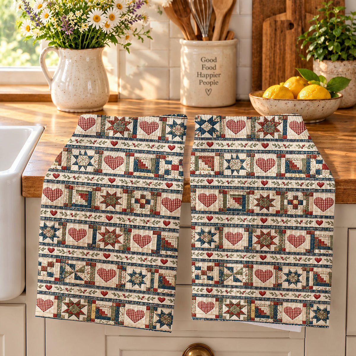 Quilting Kitchen Towel Vintage Quilted Hearts & Stars