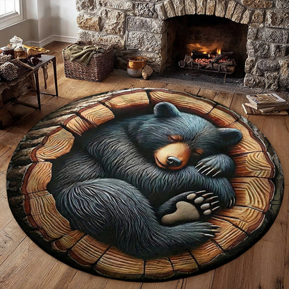 Woodland Animal Art Round Rug Bear Of Gentle Heart 3D Illusion Flat Print